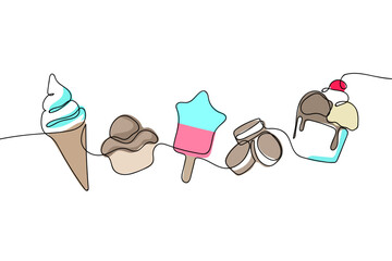A continuous single-line coloring style. A set of bakery items, ice cream, cookies, and ice cream cones. Line art outline. Vector illustration. Editable stroke.