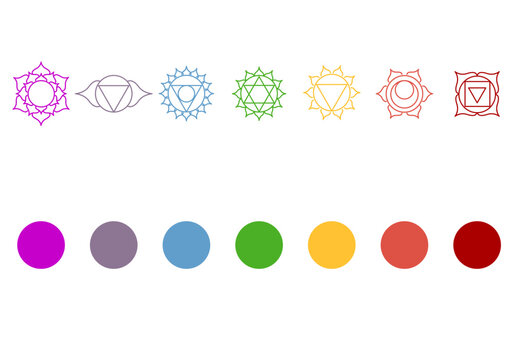 Set of beautiful indian ornamental 7 chakras. Chakra vector symbols signs, mystical esoteric, yoga and meditation. Buddhism, Hinduism