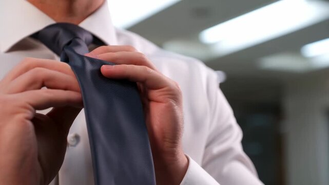 Adjusting tie in office setting: confident business attire preparation process