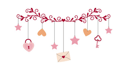Valentine garland with hanging ornaments, hearts, stars, key, lock and love envelope. Home decor, holiday vector romantic illustration	