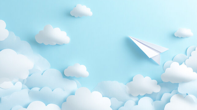 青い空と雲の背景を飛ぶ白い紙飛行機
