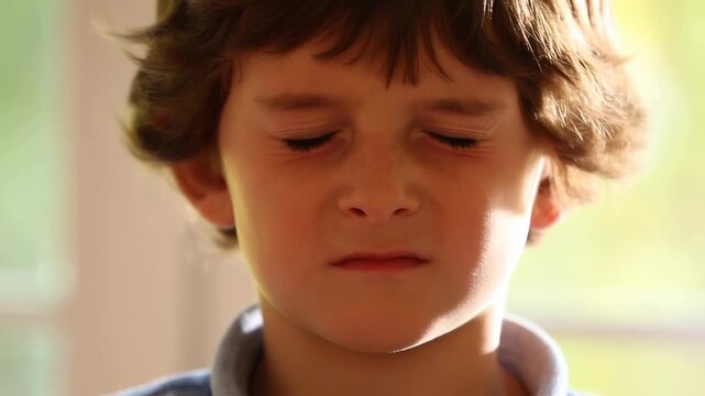 Young child rubbing eyes in bright sunlight, expressing discomfort and fatigue