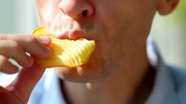 Closeup eating action: man biting into crispy potato chips with crunch sound