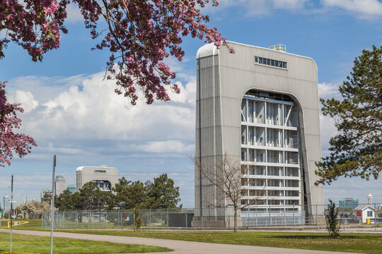 NIAGARA FALLS, CANADA - MAY 14, 2017: Ontario Hydro Intake Gate in spring, Niagara Falls, ON, Canada. Built in the 1950s, two intake control gates sit between the Niagara Parkway and the Niagara River