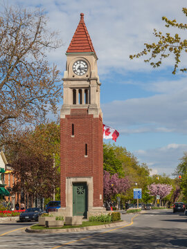 NIAGARA ON THE LAKE, ONTARIO, CANADA - MAY 14, 2017: Memorial Clock Tower (cenotaph) in Niagara-on-the-Lake in spring, dedicated to the memory of Canadians who died in the service of their country.
