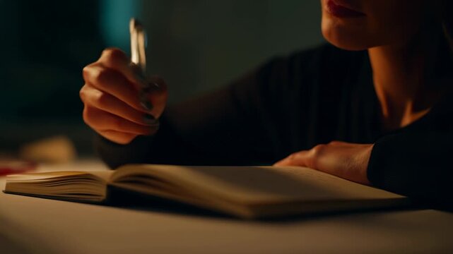 Writing in dim light: closeup of hand journaling journey with pen and notebook