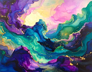 Abstract painting with swirling colors and gold flecks