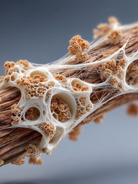 Microscopic View of Fungal Growth on Decaying Wooden Fibers