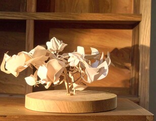 Abstract paper flower sculpture on wooden base