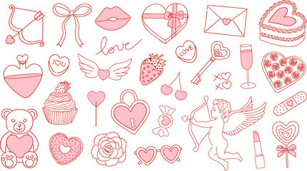 set of valentine's day coquette elements. collection of valentine elements in  sketch style. valentines day doodles