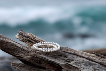 Pearl bracelet coiled on weathered driftwood by the ocean elegant jewelry coastal luxury styling photography