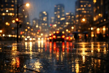 Rainy City Street at Night with Reflections and Traffic