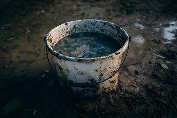 Empty bait bucket with residual water and mud quiet fishing aftermath still life