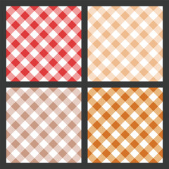Collection of four seamless checkered patterns in warm and neutral colors: red, peach, tan, and orange