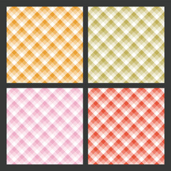 Collection of four seamless multicolored checkered patterns: orange, green, pink, and red