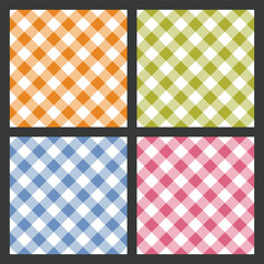 Collection of four seamless multicolored diagonal checkered patterns: orange, green, blue, and pink