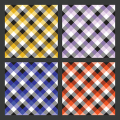 Collection of four seamless multicolored diagonal checkered patterns: yellow, purple, blue, and orange