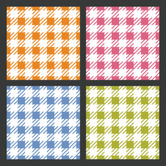 Collection of four seamless gingham check patterns in orange, pink, blue, and green