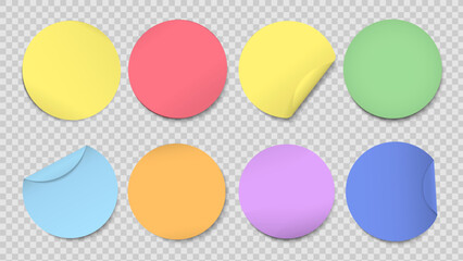 Different color realistic round sticker set on transparent background for sale discount, product package, label mockup. Vector illustration