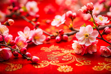 Delicate Pink Cherry Blossoms Against Vibrant Red Fabric