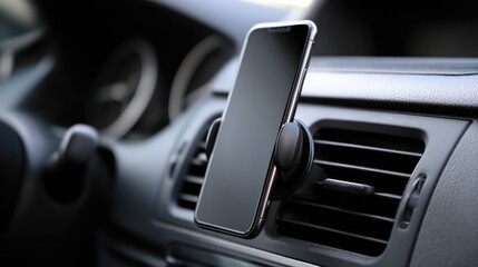 Obraz premium Modern Smartphone Mounted on Car Air Vent, Hands-Free Driving and Navigation Concept