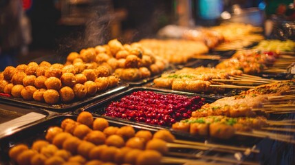 Obraz premium Traditional Asian Street Food Skewers at Night Market with Fried Balls and Snacks