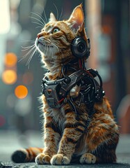 A futuristic cybernetic cat sits upright, gazing upward. Its body blends natural fur with robotic components, including a metallic headset, wires, integrated panels. Background with sci-fi atmosphere.