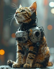A futuristic cybernetic cat sits upright, gazing upward. Its body blends natural fur with robotic components, including a metallic headset, wires, integrated panels. Background with sci-fi atmosphere.