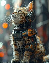 A futuristic cybernetic cat sits upright, gazing upward. Its body blends natural fur with robotic components, including a metallic headset, wires, integrated panels. Background with sci-fi atmosphere.
