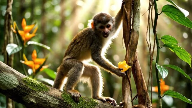 Cute Baby Monkey Eating Banana Sitting on Tree Branch in Tropical Forest Wildlife Scene cute monkey