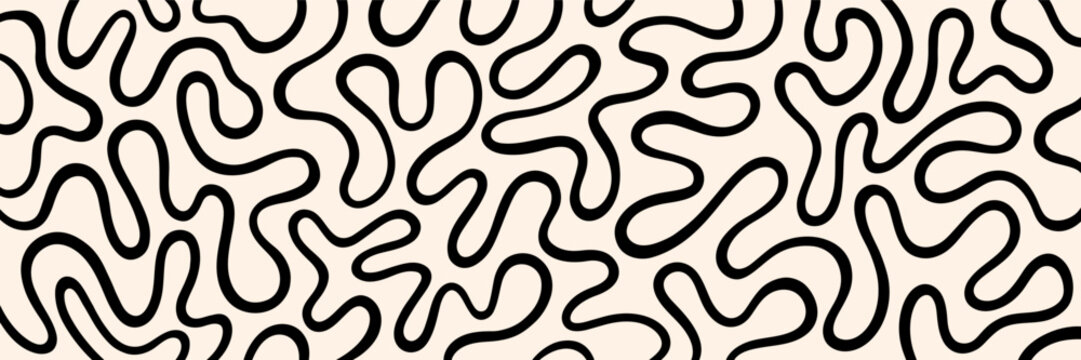 Twisted hand drawn lines, fluid, curved, wiggling stripes, waves abstract 1:3 background. Liquid, funky chaotic maze ornament, groovy hippie pattern banner. Doodle uneven wavy organic line