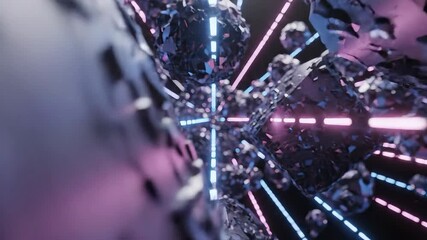 Dynamic abstract futuristic tunnel with glowing neon lights and shimmering geometric fragments creating an immersive digital journey through a vibrant cyber space perfect for technology science ficti. - Powered by Adobe