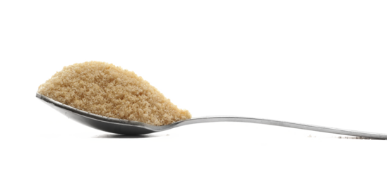 Brown sugar pile in metal spoon isolated on white background, side view