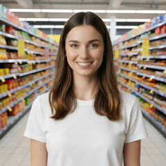 Portrait beautiful young woman white t-shirt standing supermarket aisle background shopping grocery store retail interior girl looking camera atmospheric moody lighting