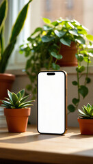 Mobile Mockup Blank White Screen on Wood Table Green Plants