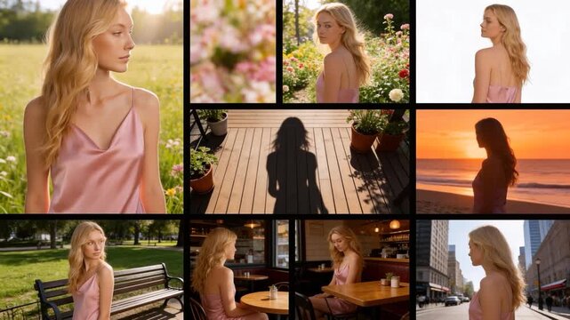 A collage of a blonde woman in pink slip dress across scenic spots including fields, parks, cafes, and cities, from animated video with unique individual frame effects