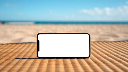 Horizontal Phone Mockup on Bamboo Mat at Summer Beach