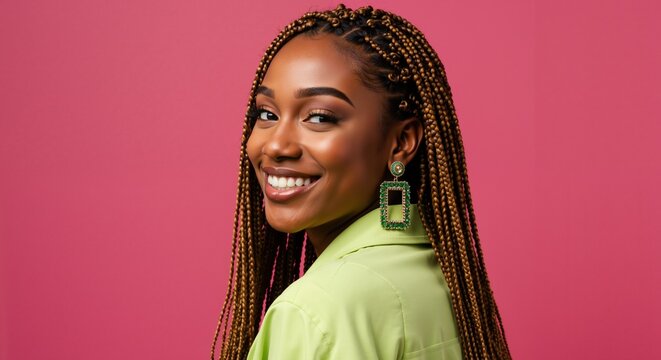 Stylish portrait of happy young Black woman with honey-blonde box braids. Confident female model smiling over her shoulder against pink background with copy space