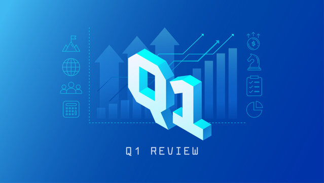 Q1 Review abstract business background for the First Quarter of the Year planning, reporting, budgeting business presentation cover, divider slide - vector with rising charts, arrows, and icons