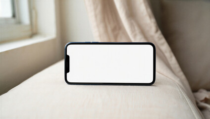 Horizontal Phone Mockup Blank Screen on Beige Sofa
