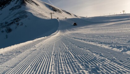 Snowcat grooming pristine ski slopes with fresh corduroy patterns across expansive alpine terrain