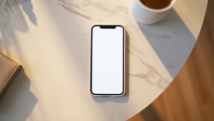 Top view blank smart phone mockup coffee cup marble table