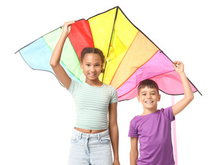 Children with kite on white background