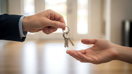 person handing over house keys to another person indoors