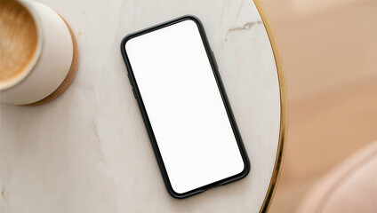 Top view blank smart phone mockup coffee cup marble table