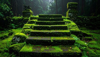 ancient stepped stone platform overgrown with moss, completely untouched