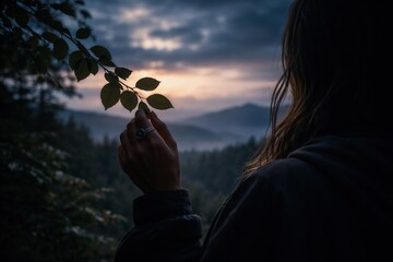 Silhouette of a Woman Holding a Leafed Branch During a Scenic Sunset in a Mountainous Forest Landscape