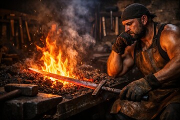 Blacksmith Man with Beard and Cap Working on Hot Iron Sword in Forge