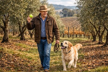 Senior man walking his golden retriever dog through a scenic autumn vineyard, holding a tennis ball, enjoying a sunny day outdoors