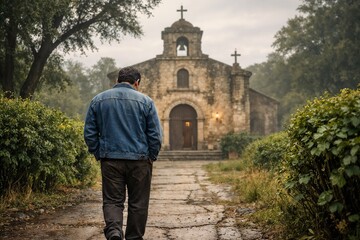 Man walking toward an old stone chapel with crosses, surrounded by greenery and foggy sky